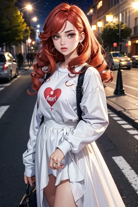 1girl in street wear clothes , in the street, Wear a white long dress , Heart prints , Hearts Pattern, White Skin ,(Best quality:1.1), (Masterpiece:1.4), 1fille, (cheveux volumineux)+ , ((curly hair))++, cheveux longs, ++, (((cheveux roux ))), (Yeux Verts ...