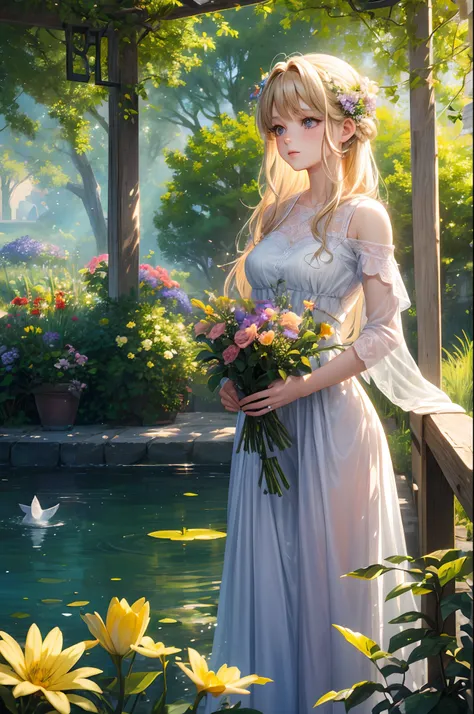 A girl in a garden, oil painting, vibrant colors, soft lighting, best quality, ultra-detailed, photorealistic, beautiful detailed eyes, beautiful detailed lips, long eyelashes, flowing dress, blooming flowers, sunlit atmosphere, peaceful ambiance, dreamy l...