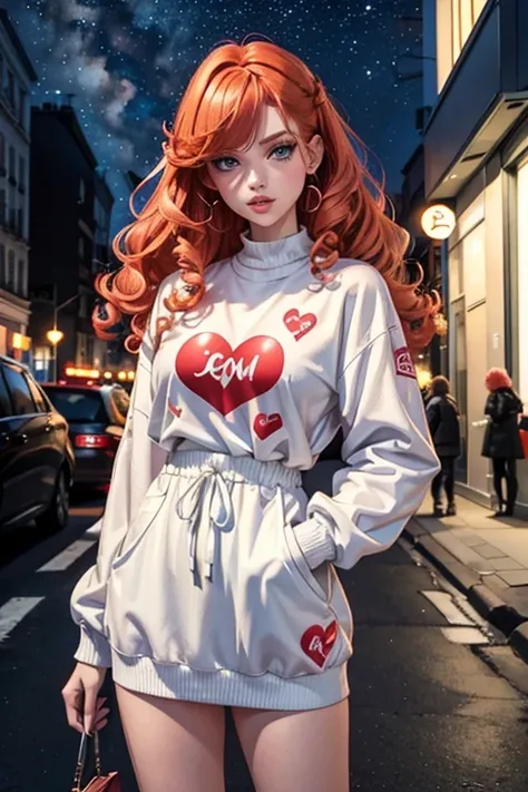 1girl in street wear clothes , in the street, porte une combisnaison blanche , combishort, Heart prints , Hearts Pattern, White Skin ,(Best quality:1.1), (Masterpiece:1.4), 1fille, (cheveux volumineux)+ , ((curly hair))++, cheveux longs, ++, (((cheveux rou...