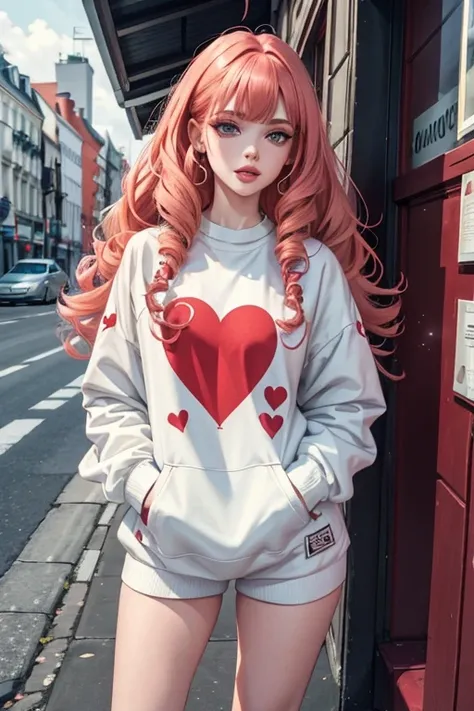 1girl in street wear clothes , in the street, porte une combisnaison blanche , combishort, Heart prints , Hearts Pattern, White Skin ,(Best quality:1.1), (Masterpiece:1.4), 1fille, (cheveux volumineux)+ , ((curly hair))++, cheveux longs, ++, (((cheveux rou...