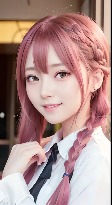 high-level image quality、Anime girl with long hair and restaurant uniform posing for photo、Shibuya、up close shot、(A smile:1.5)、sayori, Anime visuals of cute girls, anime moe art style, loli in dress, Anime girl in restaurant uniform, pretty anime girl, (An...