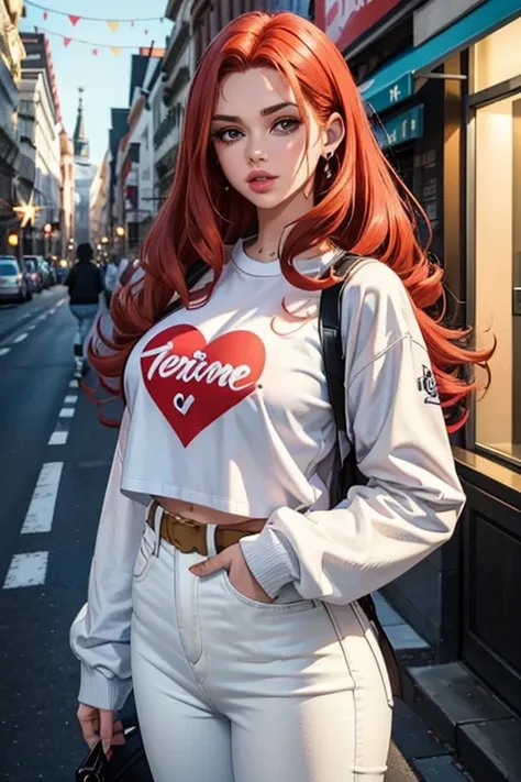 1girl in street wear clothes , in the street, Wear White Jeans and White Top, Have Heart pattern all Other Clothes ,Heart prints all over her outfit , White Skin ,(Best quality:1.1), (Masterpiece:1.4), 1fille, (cheveux volumineux)+ , ((curly hair))++, chev...