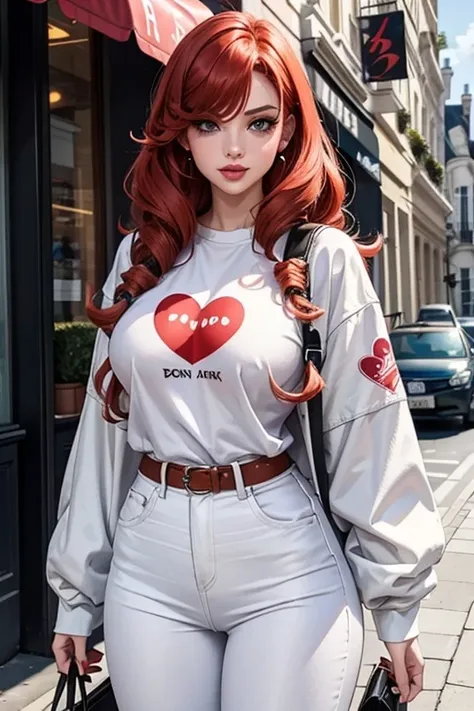 1girl in street wear clothes , in the street, Wear White Jeans and White Top, Have Heart pattern all Other Clothes ,Heart prints all over her outfit , White Skin ,(Best quality:1.1), (Masterpiece:1.4), 1fille, (cheveux volumineux)+ , ((curly hair))++, chev...