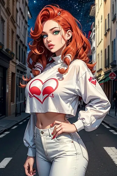 1girl in street wear clothes , in the street, Wear White Jeans and White Top, Have Heart pattern all Other Clothes ,Heart prints all over her outfit , Green Eyes , White Skin ,(Best quality:1.1), (Masterpiece:1.4), 1fille, (cheveux volumineux)+ , ((curly h...