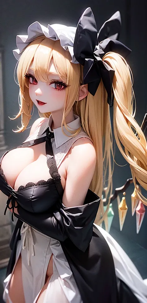 masterpiece, best quality,    1girl, blonde hair, mob cap, hair bow,long hair,wedding dress, huge breasts, cleavage, wings, goth, black lipstick, fishnets, black clothes