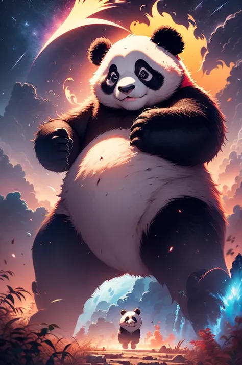 amazing Panda standing in the clouds staring up as the stars, stars floating around panda, brilliant colors, amazing swirls of cosmic dust, colorful vibrant, light particles, Create digital artwork in the Pop Art style, Featuring a vibrant and confident pa...