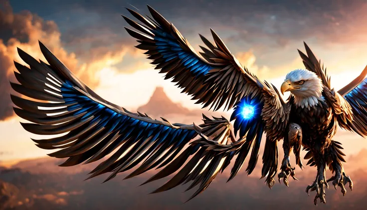 biomechanical eagle flying, cybernetic body, (metal wings), american flag painted on its metal wings, unreal engine render, tan biomechanical details, highly detailed, on pursuit and aggressive, 4k, 8k