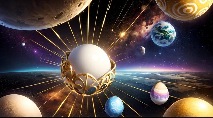 A dimension where Earth like planets are hatched from eggs covered in gold, silver and jewels laid out in fractal patterns, As the eggs hatch the planets are sent into different dimensions