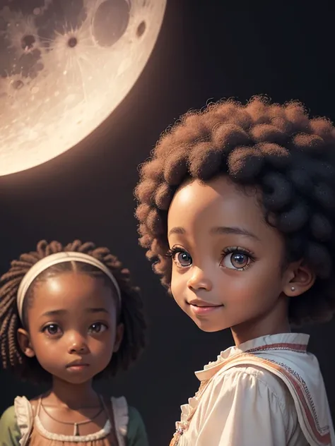 A picture of moon, A little afro girl with bright eyes and curious expression and beautiful smile, Talking to other children