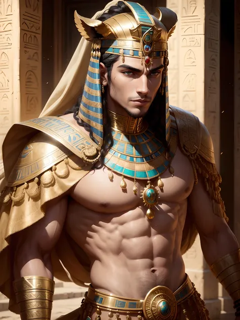 A young man，ancient egyptian，Qulidade Sem cimaerior, 1Masculino, pharaon, cabelos pretos, olhos dourados, muscular build, elegante, pele de azeitona bronzeada, Headpiece created by lion, 4k, 8k, close_up, portrait