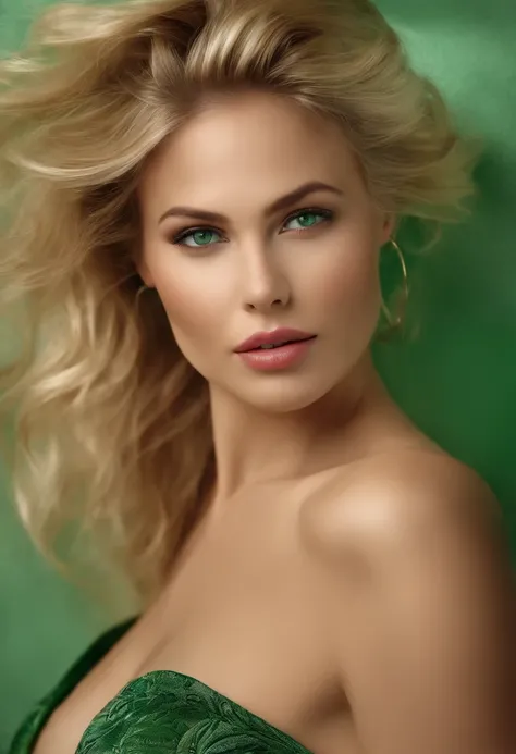 "Create a description of a woman around 28 years old, with blonde hair, intense green eyes that enhance her beauty, thick and sensual lips that accentuate her attractiveness. This woman radiates confidence and sensuality in every gesture and gaze."