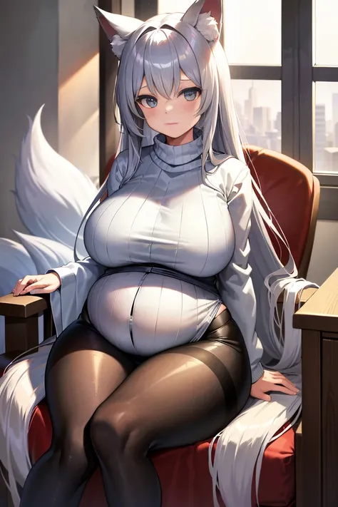 ((masterpiece:1.2, best quality)), highres, solo, long_hair, ((silver_hair:1.3)), hair_bow, ((giant breasts:1.3)), ((giga breasts)), Breasts, ((thick thighs)), ((wide hips:1.3)), shinano (azur lane), bangs, deep blue eyes, animal ears, kitsune, fox ears, f...