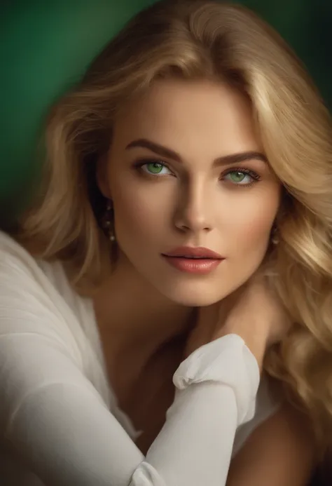 "Create a description of a woman around 20 years old, with blonde hair, intense green eyes that enhance her beauty, thick and sensual lips that accentuate her attractiveness. This womans face exudes a playful charm, radiating confidence and sensuality in e...