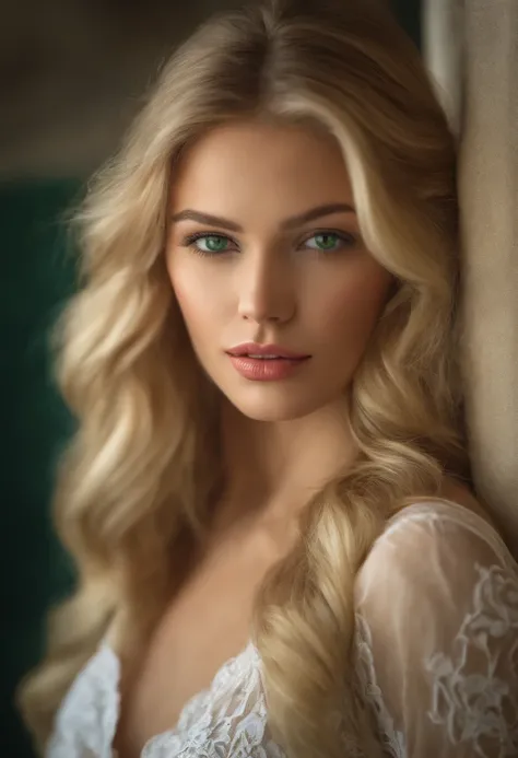 "Create a description of a woman around 18 years old, with blonde hair, intense green eyes that enhance her beauty, thick and sensual lips that accentuate her attractiveness. This womans face exudes a playful charm, radiating confidence and sensuality in e...