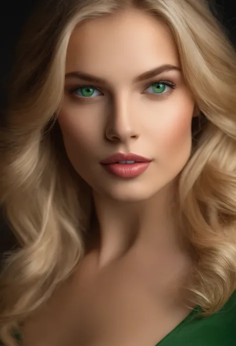 "Create a description of a woman around 12 years old, with blonde hair, intense green eyes that enhance her beauty, thick and sensual lips that accentuate her attractiveness. This womans face exudes a playful charm, radiating confidence and sensuality in e...