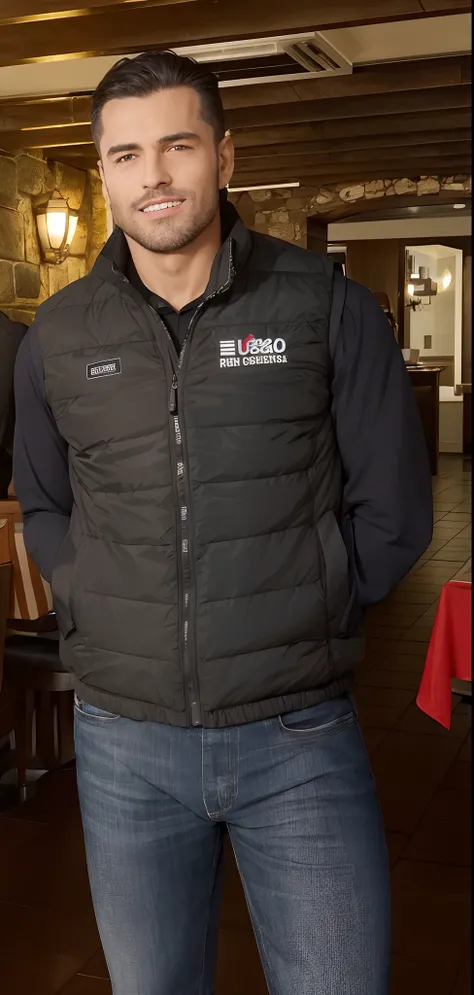 There are two men next to each other in a restaurant, model is wearing techtical vest, colete preto, jaqueta puffer, assunto completo mostrado na foto, Close-up de corpo inteiro, usando um colete, Technical vest, Ad image, taken in the early 2020s, foto de...