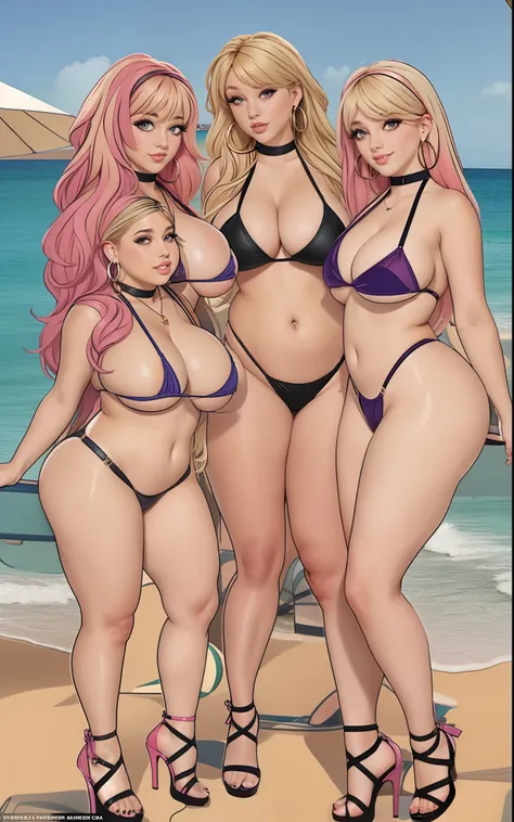 make these girls even thicker and curvier, much larger natural tits, topless at the beach, huge hooker shoes, and big hooker hoop earrings, bleached blonde hair, chokers, g-string, thick, thicc, thick fit, ass, playful