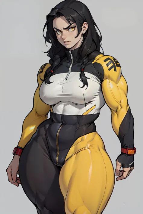 pale skin ((1 girl muscular toned body bodybuilder curvy wide hips thick thighs)) ((grey background)) black hair yellow eyes (very long hair) angry (solo) standing skintight