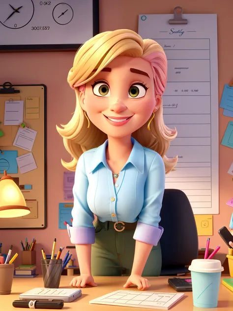 Um estilo Disney Pixar, Mulher de 35 anos, brasileiro, cabelos castanho com destaques loiros na altura dos ombros, sorridente, Thick pink lips is holding the cell phone,  Doing Calculations, sipping coffee, Engineer Office Room Setup