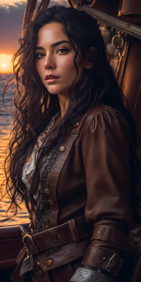 Photo of a 25-year-old European girl, RAW, a handsome female, (Very long wavy black hair), ((portraite of a)), ((detailized face:1.2)), ((detailed facial features)), (Finely detailed leather), tanning skin, Tight Hasmat Pirate Suit, sexy, Wednesday, Ship D...