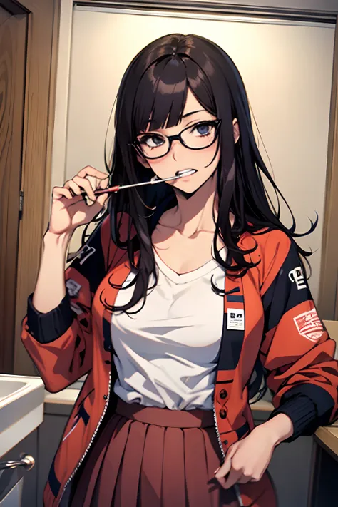 frombelow、eye glasses、Brushing your teeth、1girl in, Ahegao ( Silly / Sexual ecstasy)、top-quality, Photorealistic, An ultra-fine illustrations, beautiful attractive anime girl, A dark-haired、Blunt bangs、Slender body,  one girls, a photo of girl, Full body s...