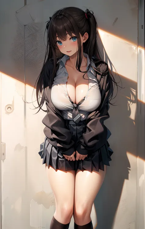 black necktie, Long sleeves, Pleated skirt, School uniform, Shirt, Skirt, sleeves rolled up, White shirt, cleavage,