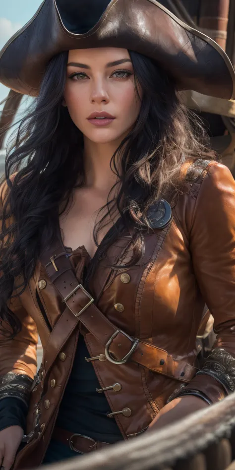 Photo of a 25-year-old European girl, RAW, a handsome female, (Very long wavy black hair), ((portraite of a)), ((detailized face:1.2)), ((detailed facial features)), (Finely detailed leather), tanning skin, Tight Hasmat Pirate Suit, sexy, Wednesday, Ship D...