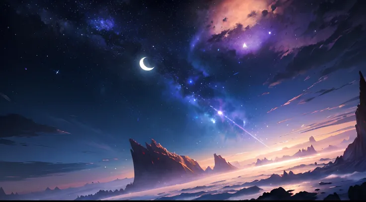 8K,hiquality,Fantasia,Background with,magia,a moon,creation,starrysky,Horizon,