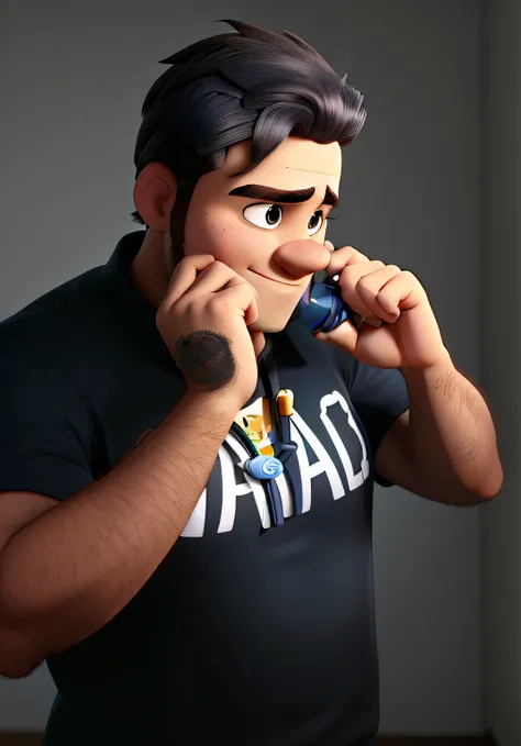 Um homem estilo disney pixar, cabelo Grisalho, com fone Rad Fone, alta qualidade, melhor qualidade