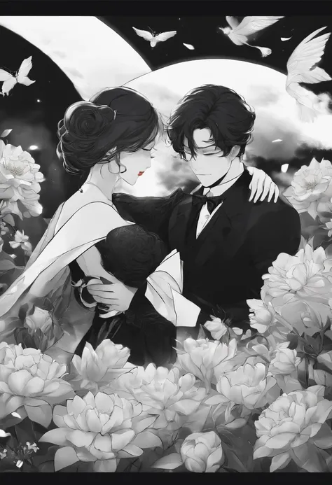 Two black and white desires surround，In front of a beautiful woman with a blindfold covering her eyes，Flowers dance around a ball，Artistically，anime big breast，Glamorous