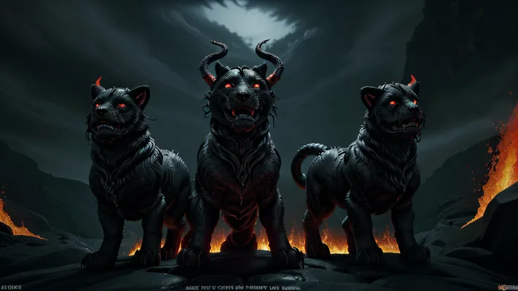 cerberus,gate to hell,surrounded by pool of lava,powerful demonic guardian with three heads and sharp teeth,dark and ominous atmosphere,smoke and fire,scorching hot temperatures,ominous red glow,molten lava flowing,unearthly growls and barks,thick chains a...