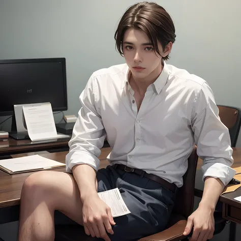 A brunette boy who is dressed in a white shirt and causes verd, com um corte americano, He is sitting on a desk that behind him has his colleagues