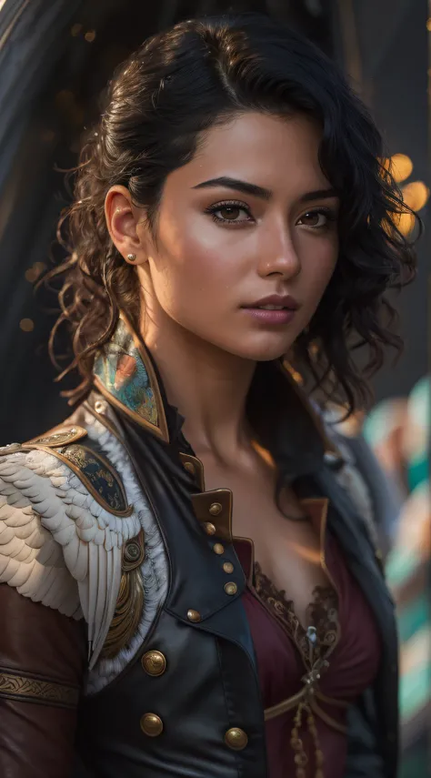 Photo of a 25-year-old European girl, RAW, a handsome female, (Very short wavy black hair), ((portraite of a)), ((detailized face:1.2)), ((detailed facial features)), (Finely detailed leather), tanning skin, Tight Hasmat Pirate Suit, sexy, Wednesday, Ship ...