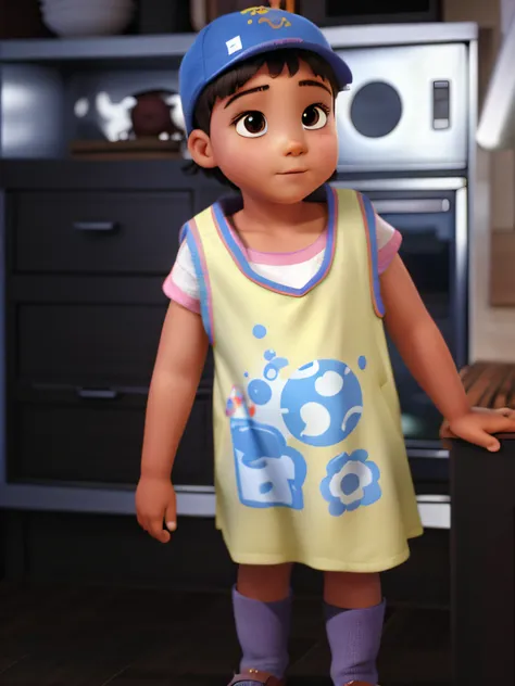 A child standing in the middle of the kitchen