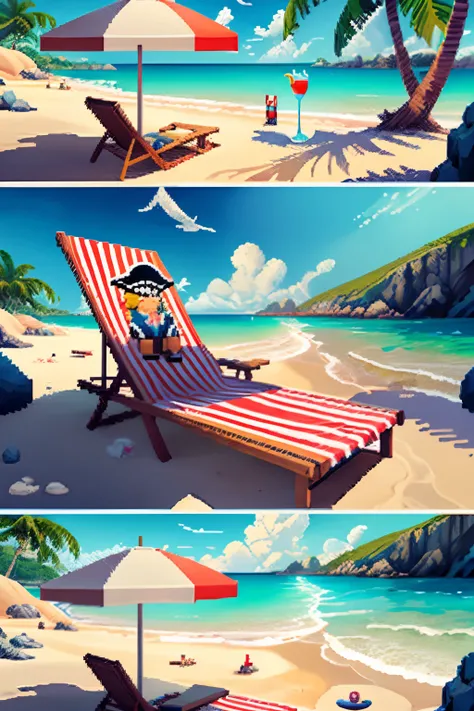 You need to create a pixel art avatar. There must be a pirate lying on a deckchair holding a cocktail in his hand. Au-dessus du pirate, il doit y avoir un cocotier. All on a beach with the sea and a beautiful sunny blue sky.