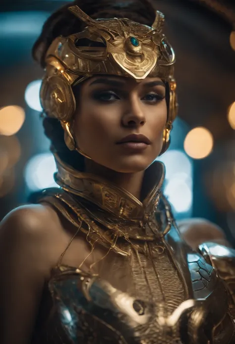 best quality, portrait of a beautiful woman i futuristic mask inspired by an ancient egypt mask, details, gold, silver, transparent limestone, stones, scarab beetle, microchips, cabels, electric glow, retro futurism, space colony in background, mecha-girl,...