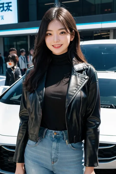 A stunning young woman wearing black leather jacket white high neck blue jeans ombre hair color stands in front of a sleek, futuristic electric car at the Tokyo car expo, her long hair blowing in the wind as she smiles confidently at the camera.