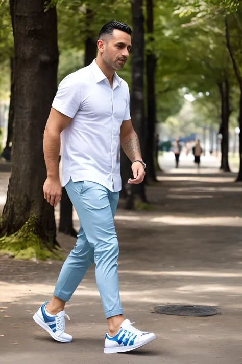 Homem 42 anos cabelo grisalho topete orelha pouco grande queixo fino pele morena clara altura 1.70 Little Strong Tight White Shirt Blue Stock Tailored Pants and White Adidas Sneakers, Strolling in the park with many trees