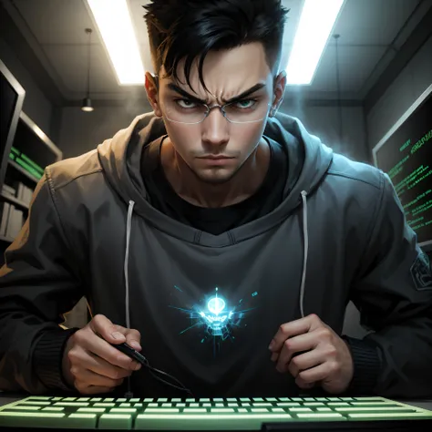 24 year old boy with angry look of glass computer hacker with green code in the air