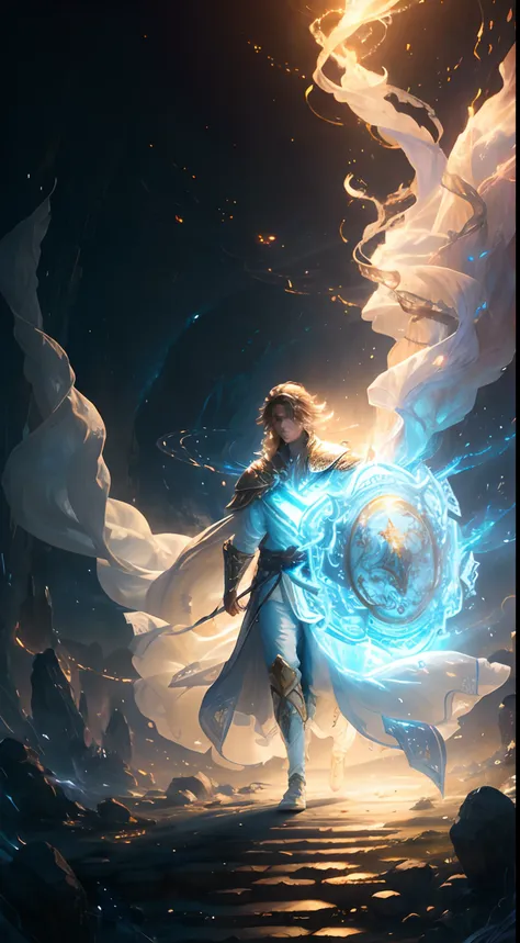 (8k), Ultra resolution 8K, Stunning illustration of a splendid celestial, Ethereal hero , Warrior Prince,, Flowing luminous white tunic suit ,cinematic lighting