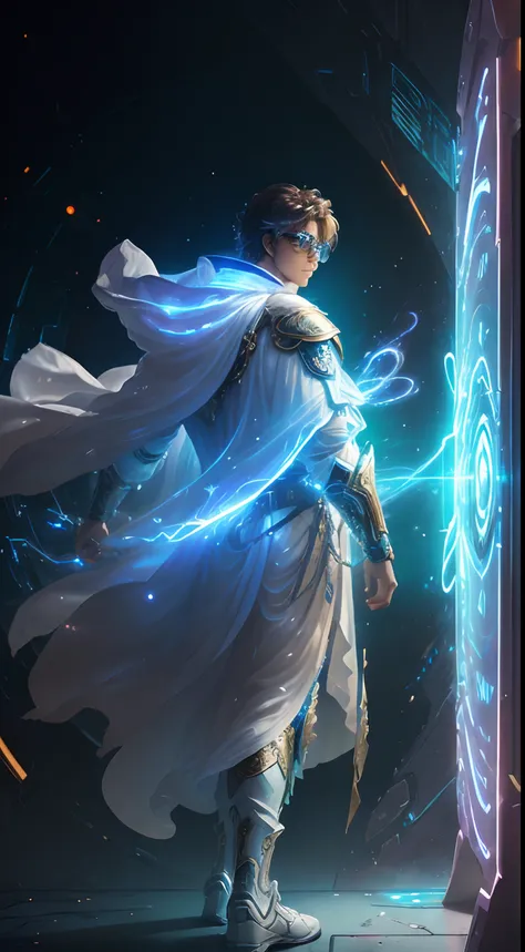 (8k), Ultra resolution 8K, Stunning illustration of a splendid celestial, Ethereal hero , Warrior Prince,, gafas cyberpunk, Cosmic glasses, Flowing luminous white tunic suit , saliendo de un portal,  (Time machine in your hand:  1.7)cinematic lighting