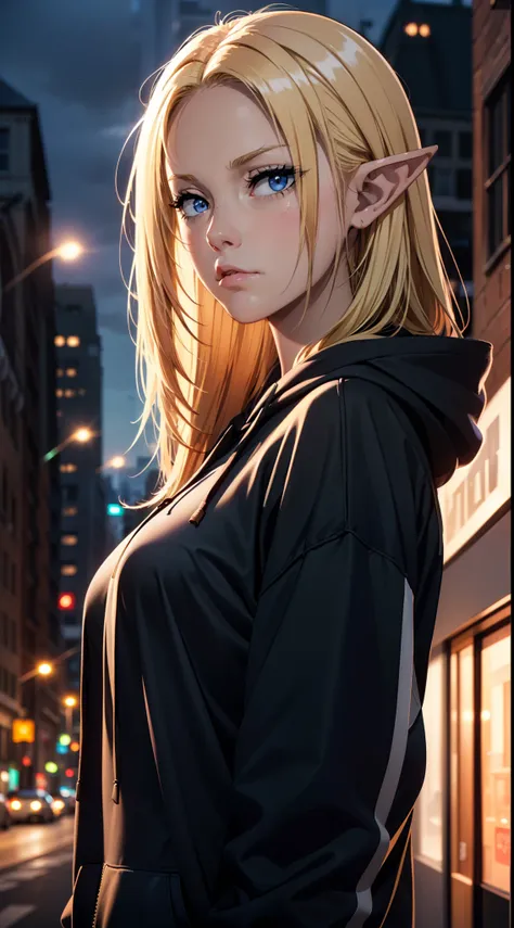 (masterpiece, best quality:1.4), 1girl, upper body, wearing Streetwear ((Hoodie)), blonde_hair, blue_eyes, serious face, closed_mouth, elf ears, looking_at_viewer, medium breast, full face blush, blurry background, depth of field, dinamic lighting, sharp f...