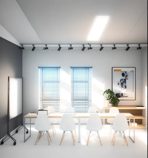 A rendering of a room with a table and chairs and a projector screen, 2 d render, Detailed rendering, photographic render, kitchenette and conference room, photo rendering, digital render, renderizado no enscape, altamente renderizado!!, renderizado, vista...