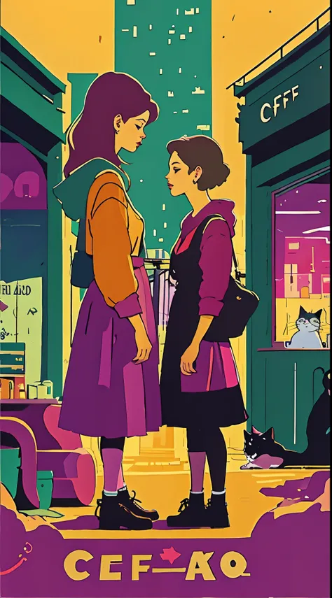 lofi art poster two lesbian girls kissing each other and behind them in the background  coffeeshop fill of cats and even the cars in the street the drivers are cats and make it chill