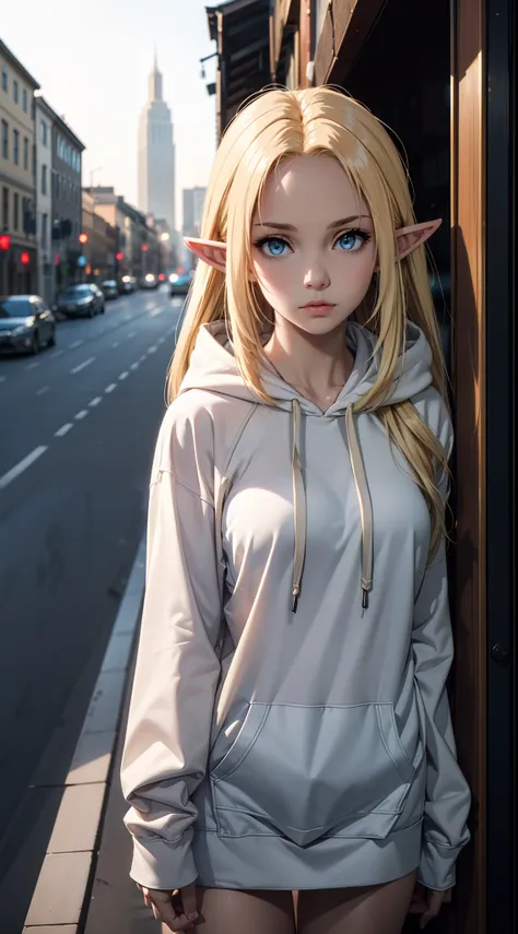 (masterpiece, best quality:1.4), 1girl, upper body, wearing streetwear ((hoodie)), blonde_hair, blue_eyes, serious face, closed_...