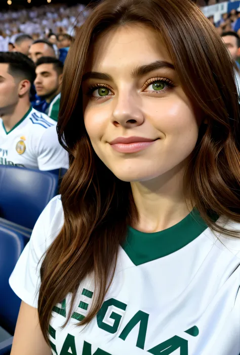 hembra, 21 years old, Pelo rojo, ojos almendrados verdes, Cara perfecta y hermosa, pechos grandes y piel blanca, viendo un partido de futbol con la camiseta Del Real madrid, at the Santiago Bernabéu Stadium, in the stands surrounded by the fans