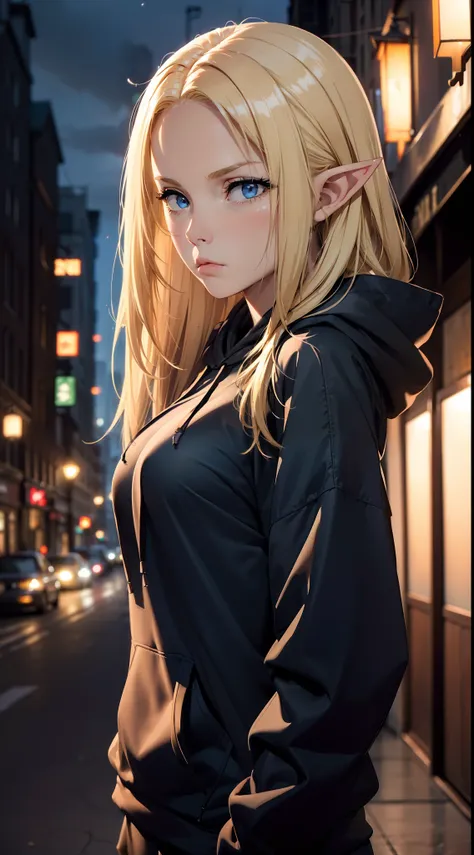 (masterpiece, best quality:1.4), 1girl, upper body, wearing Streetwear ((Hoodie)), blonde_hair, blue_eyes, serious face, closed_mouth, elf ears, looking_at_viewer, medium breast, full face blush, blurry background, depth of field, dinamic lighting, sharp f...