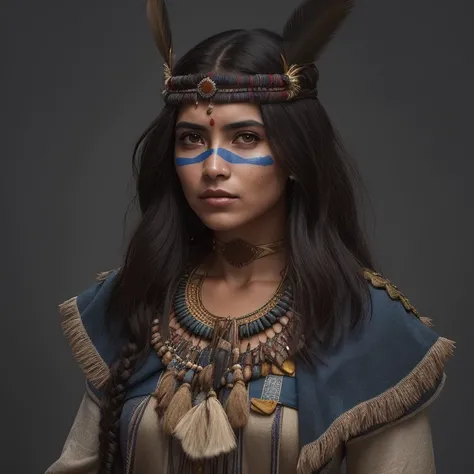 um close up de uma mulher com o rosto e o cocar pintados, protagonista feminina, Guerreira do Norte, personagem feminina, maia realista, personagem de fantasia hiperdetalhado, Personagem altamente detalhado, INDIAN, cinematic full character, Nativo america...