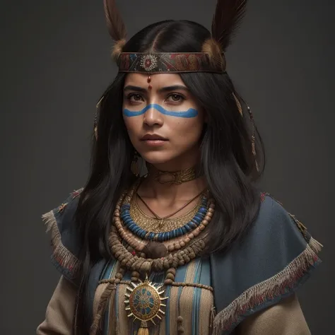 um close up de uma mulher com o rosto e o cocar pintados, protagonista feminina, Guerreira do Norte, personagem feminina, maia realista, personagem de fantasia hiperdetalhado, Personagem altamente detalhado, INDIAN, cinematic full character, Nativo america...