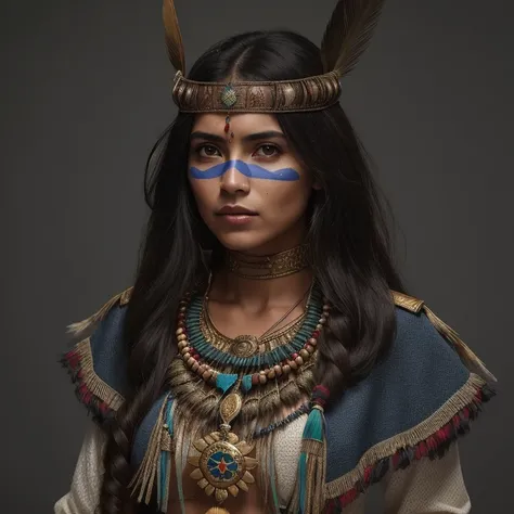 um close up de uma mulher com o rosto e o cocar pintados, protagonista feminina, Guerreira do Norte, personagem feminina, maia realista, personagem de fantasia hiperdetalhado, Personagem altamente detalhado, INDIAN, cinematic full character, Nativo america...